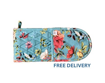 Blue Hummingbird Chinoiserie Double Oven Mitt – Quilted Cotton Potholder
