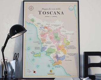 May include: A vintage-style map of the wine regions of Tuscany, Italy. The map is printed on a cream-colored background with a light pink border. The map is labeled with the names of the different wine regions in Italian.