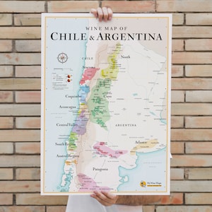 Carte du Chili et Argentine | Affiche 50 x 70 cm | Idée déco pour amateur de vin