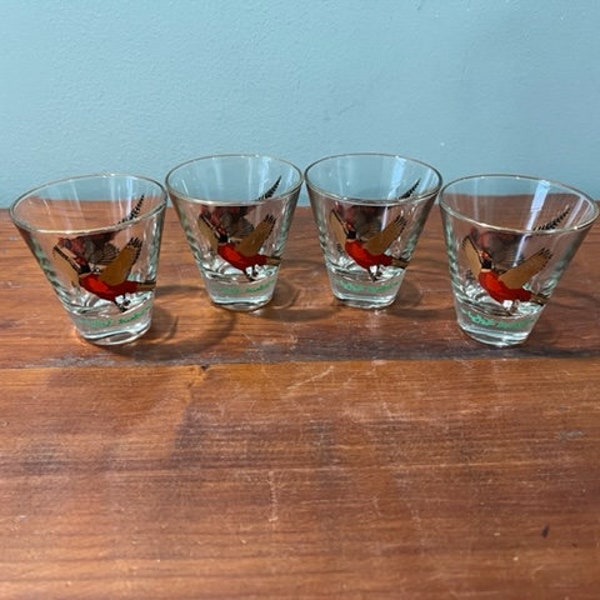 Vintage MCM Hazel Atlas Gold Wing Pheasant Shot Glasses ~ Set of 4 ~