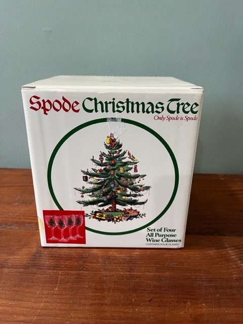 Set of 4 H-T-F Spode Christmas Tree 19-oz Stemless Wine Glasses Unused in  Original Packaging 