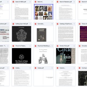 May include: A collection of various PDF documents, each with a title visible. The documents cover a range of topics, including books, recipes, and spiritual texts. The layout is a grid of thumbnails, with titles such as "Woodless Tree.pdf" and "Circle of Isis.pdf".