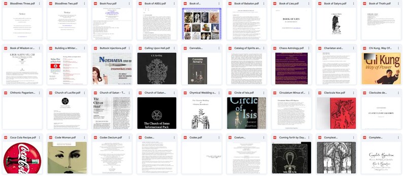 May include: A collection of various PDF documents, each with a title visible. The documents cover a range of topics, including books, recipes, and spiritual texts. The layout is a grid of thumbnails, with titles such as "Woodless Tree.pdf" and "Circle of Isis.pdf".