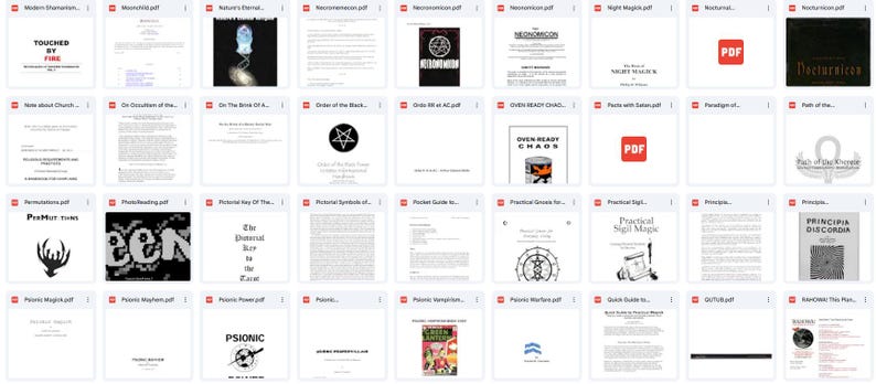 May include: A collection of PDF documents with various titles, including "Touched by Fire," "Nature's Eternal," and "Order of the Black Star." The documents feature text and graphics, with some displaying the PDF icon.