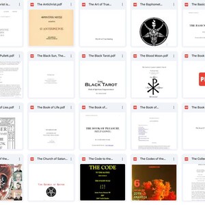 May include: A collection of book covers, each with unique titles and designs. The covers vary in color, with some featuring text and illustrations. The books appear to be related to esoteric or occult themes, with titles like "The Ancients Book" and "The Black Tarot".