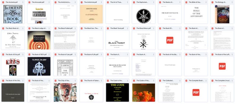 May include: A collection of book covers, each with unique titles and designs. The covers vary in color, with some featuring text and illustrations. The books appear to be related to esoteric or occult themes, with titles like "The Ancients Book" and "The Black Tarot".