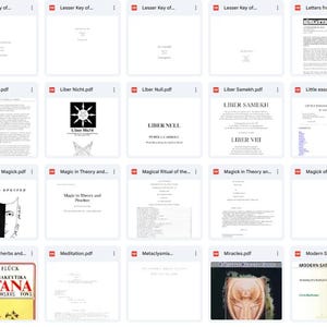 May include: A collection of digital documents, mostly white pages with black text. Titles include "Liber 777", "Luciferian Goetia", and "Maiden Magick". The documents appear to be related to occultism, spirituality, and esoteric practices.