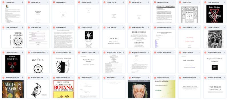 May include: A collection of digital documents, mostly white pages with black text. Titles include "Liber 777", "Luciferian Goetia", and "Maiden Magick". The documents appear to be related to occultism, spirituality, and esoteric practices.