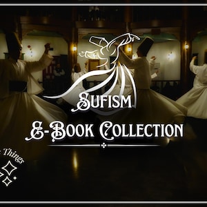 Può includere: Immagine che promuove una collezione di e-book sul sufismo. L'immagine mostra dervisci rotanti in abiti bianchi, con le parole "Sufismo" e "E-Book Collection" in elegante scrittura. Lo sfondo è un interno scarsamente illuminato.