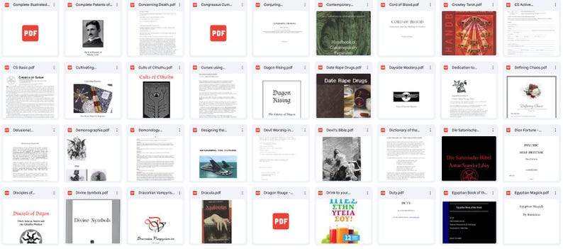 May include: A collection of PDF documents, each with a title visible. The documents cover various topics, including historical figures, occultism, and esoteric subjects. The PDFs have a red "PDF" icon in the top left corner.
