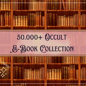 Könnte beinhalten: Ein Bücherregal gefüllt mit antiken Büchern, mit einem rosafarbenen Schild mit der Aufschrift "50.000+ Occult &-Book Collection".