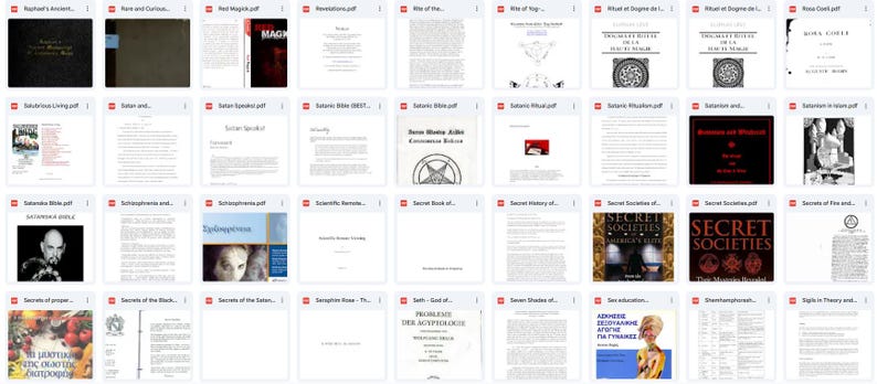 May include: A collection of various book covers and pages, predominantly featuring dark colors and occult themes. Titles include "Raphael's Ancient", "Real Magick", and "Secret Societies", suggesting a focus on esoteric knowledge and historical texts.