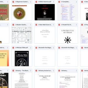 May include: A collection of book covers, predominantly white, black, and red, with titles related to spirituality, alchemy, and the occult. Titles include "A Wiccan Bible," "Alchemy," and "A Pocket Full of Chaos."
