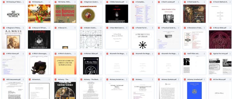May include: A collection of book covers, predominantly white, black, and red, with titles related to spirituality, alchemy, and the occult. Titles include "A Wiccan Bible," "Alchemy," and "A Pocket Full of Chaos."