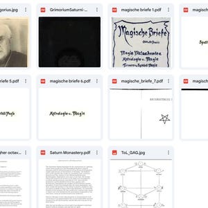 May include: A digital collection of document icons displayed in a grid, featuring various PDF files with titles such as Magische Briefe, Astrologie u. Magie, and Saturn Monastery, alongside a portrait photograph and a diagram of a geometric tree structure.