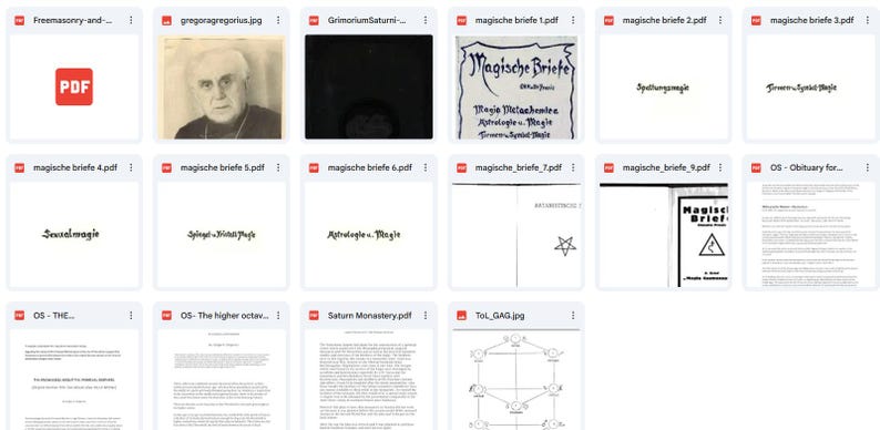 May include: A digital collection of document icons displayed in a grid, featuring various PDF files with titles such as Magische Briefe, Astrologie u. Magie, and Saturn Monastery, alongside a portrait photograph and a diagram of a geometric tree structure.