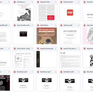May include: A collection of PDF documents displayed in a grid. The thumbnails show various book covers and documents, with titles and images. The documents cover a range of topics, including art, philosophy, and esoteric subjects.