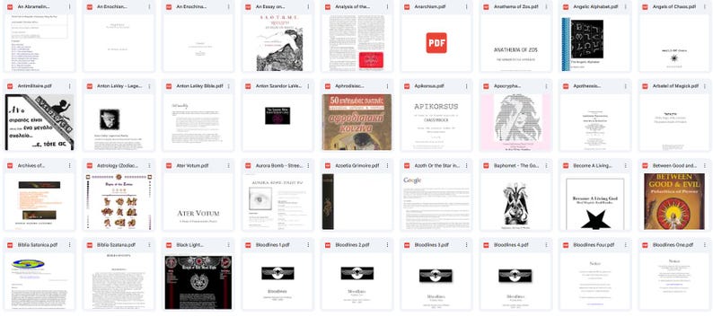 May include: A collection of PDF documents displayed in a grid. The thumbnails show various book covers and documents, with titles and images. The documents cover a range of topics, including art, philosophy, and esoteric subjects.