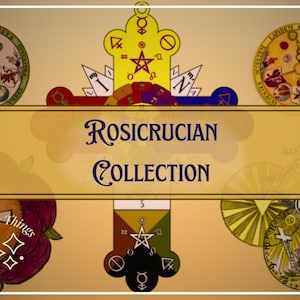Op de afbeelding: Een verzameling van rozenkruisersymbolen, waaronder een kruis met een ster, een cirkel met een ster en een roos met een kruis. De tekst "Rosicrucian Collection" wordt weergegeven op een banner.