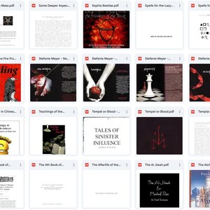 May include: A collection of PDF documents displayed in a grid. The documents feature various titles, including "Starfire," "Stealing the Fire," and "Tales of Sinister Influence." The covers showcase diverse imagery, such as illustrations, text, and abstract designs.