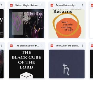 May include: A collection of twelve digital document icons arranged in two rows, featuring various book covers and text-based files related to Saturn, including titles like Fire and Ice, Practical Planetary Magick, and The Saturn Diaries.