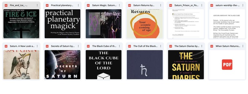 May include: A collection of twelve digital document icons arranged in two rows, featuring various book covers and text-based files related to Saturn, including titles like Fire and Ice, Practical Planetary Magick, and The Saturn Diaries.