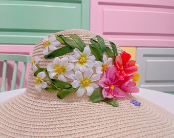 Ribbon embroidered straw hat