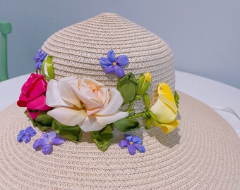 Silk ribbon embroidered straw hat