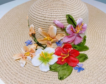 Ribbon embroidered straw hat