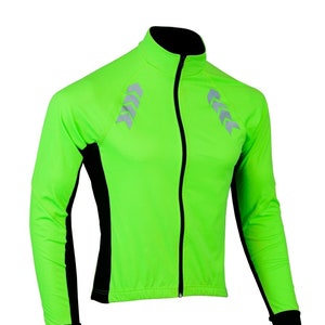 May include: A bright green cycling jacket with black panels on the sides, cuffs, and collar. It has a full-length black zip and reflective chevron detailing on the chest. The brand logo is visible in the bottom right corner.