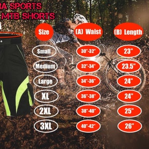 May include: Black and neon green cycling shorts with a size chart showing waist and length measurements in inches. The chart includes sizes small, medium, large, XL, 2XL, and 3XL.