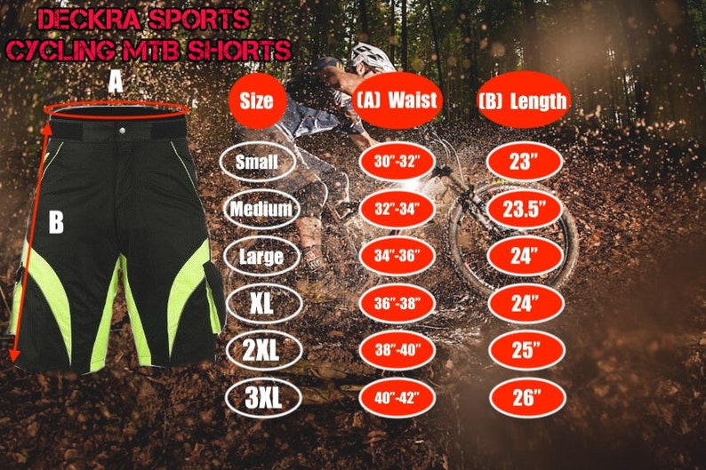 May include: Black and neon green cycling shorts with a size chart showing waist and length measurements in inches. The chart includes sizes small, medium, large, XL, 2XL, and 3XL.