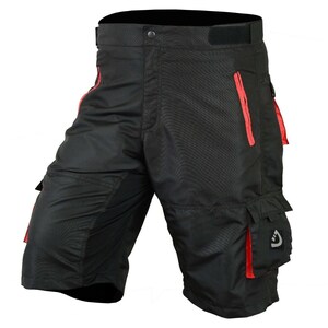 May include: Black cycling shorts with red accents and multiple pockets. The shorts have a zippered pocket on the right leg and a large cargo pocket on the left leg.