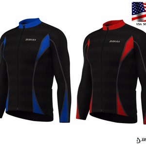 May include: Two black cycling jerseys with long sleeves. One has blue detailing and a blue collar, the other has red detailing and a red collar. Both feature a full-length zip and the "DECKRA" logo.