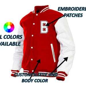 Men, Women Letterman Varsity Jacket Customizable Wool + Leather Jackets with Patch / Embroidery Logos / Letters