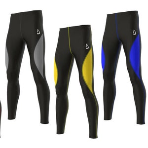 Peut inclure: Leggings de sport noirs avec des panneaux latéraux colorés en rose, rouge, gris, jaune, bleu et vert citron. Chaque paire présente un logo blanc et un design incurvé sur la jambe. Drapeau américain en bas à gauche.