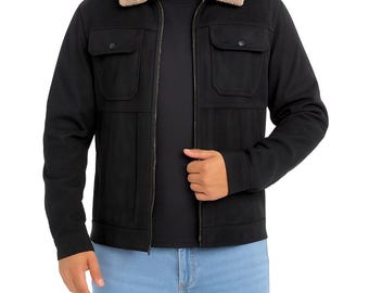 Chaqueta de ante para hombre, cuello desmontable y sherpa, con cremallera completa, abrigo de invierno a la moda, chaquetas térmicas de cuero.
