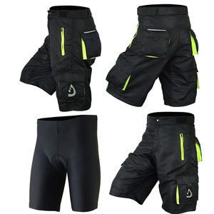May include: Black cycling shorts with neon yellow accents and multiple pockets. The shorts are shown in four different views.