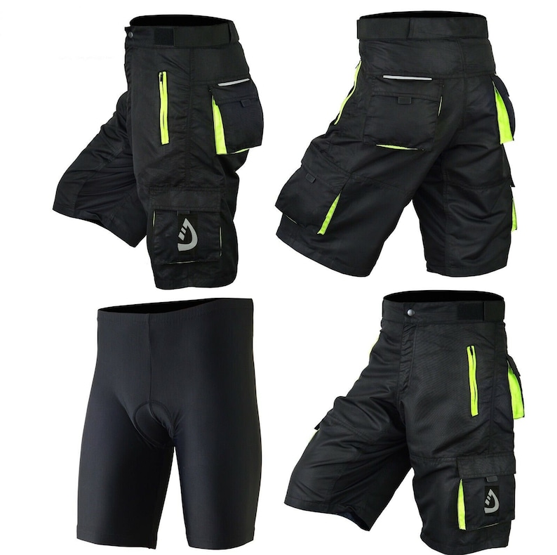 May include: Black cycling shorts with neon yellow accents and multiple pockets. The shorts are shown in four different views.