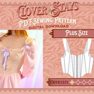 Op de afbeelding: Een digitaal naaipatroon voor een plus size corset, genaamd "Clover Stays". Het patroon is voor een wit corset met een veter aan de voorkant en verstelbare banden. De moeilijkheidsgraad is beoordeeld als vier van de vijf sterren.