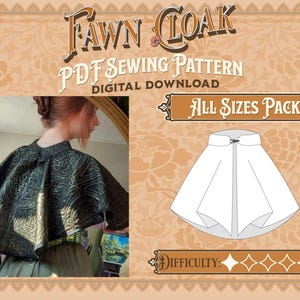 Könnte beinhalten: Ein digitales Schnittmuster für einen Reh-Umhang, mit einer weißen Musterillustration und dem Text "Fawn Cloak PDF Sewing Pattern Digital Download All Sizes Pack Difficulty: ".