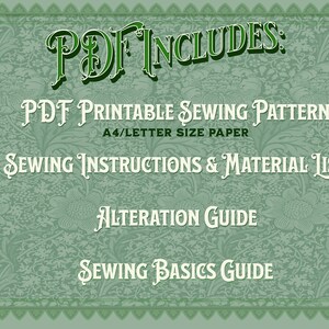K&ouml;nnte beinhalten: Ein gr&uuml;ner und wei&szlig;er floral gemusterter Hintergrund mit dem Text "PDF INCLUDES:" in einer dekorativen Schriftart. Der Text "PDF Printable Sewing Pattern A4/Letter Size Paper Sewing Instructions & Material List Alteration Guide Sewing Basics Guide" ist darunter in einer dekorativen Schriftart aufgelistet.
