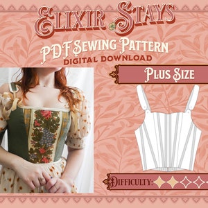 May include: A digital sewing pattern for a plus size corset top. The pattern is for a white corset top with a sweetheart neckline and adjustable straps. The pattern is rated as a beginner level difficulty. The image also shows a model wearing a green and floral corset top.