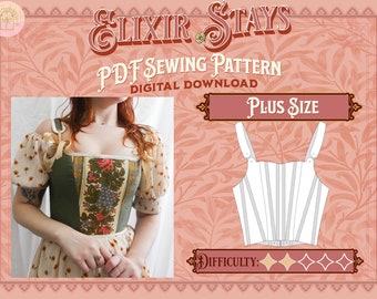 Elixir Stays Pattern - Plus Size | Digital Download Sewing Pattern, Corset Pattern, Cottagecore/Renfaire, Contrast Panel, Back-Laced