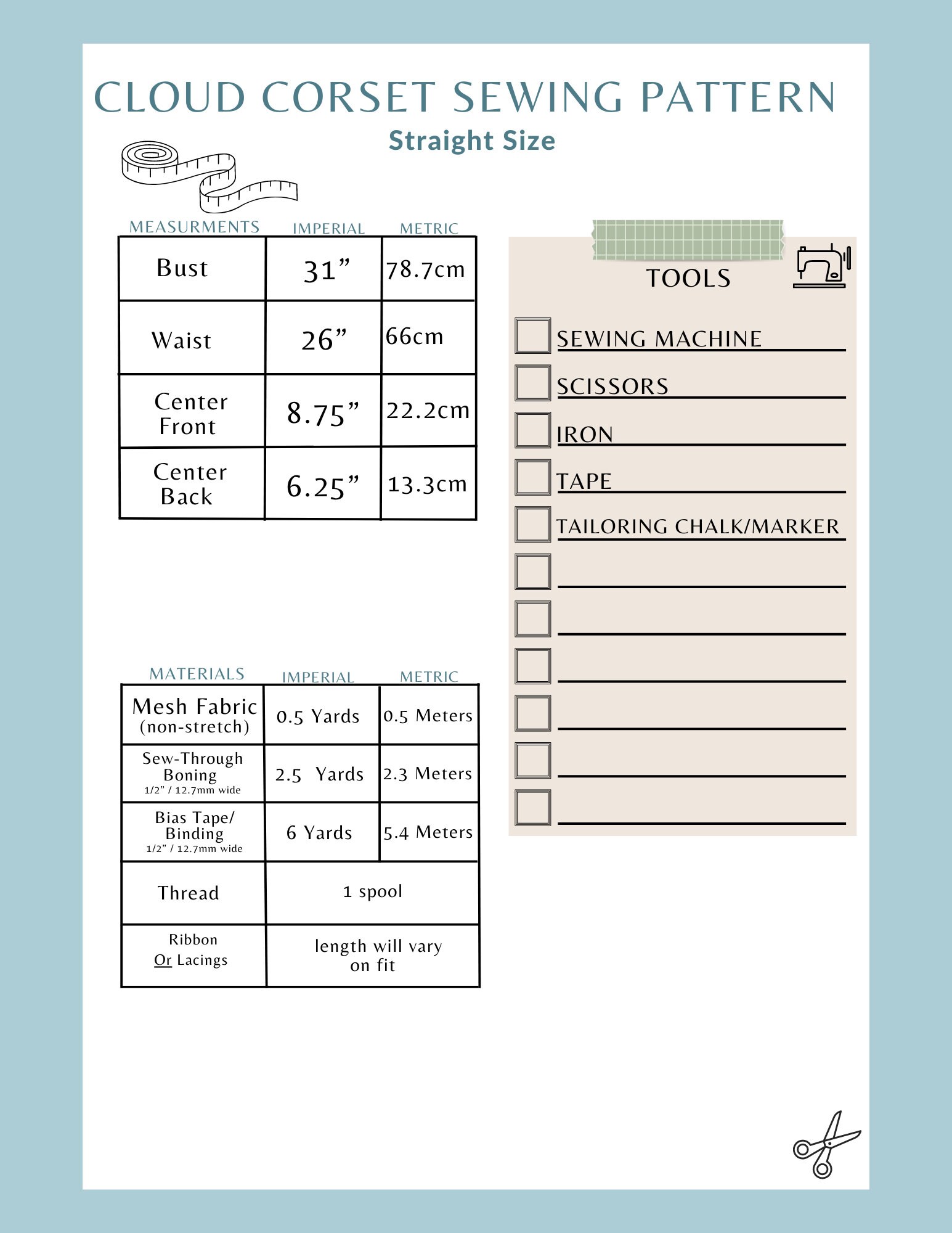 Cloud Corset Sewing Pattern - Straight Size | Digital Download Sewing ...