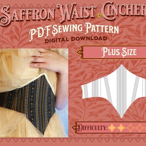 May include: A digital PDF sewing pattern for a plus size Saffron Waist Cincher. The pattern is illustrated with a white line drawing on a pink floral background. The difficulty level is rated as three out of five stars.
