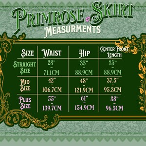 K&ouml;nnte beinhalten: Eine Tabelle mit den Ma&szlig;en f&uuml;r einen Primrose Rock in Zoll und Zentimetern. Die Tabelle enth&auml;lt die Gr&ouml;&szlig;en, Taillen-, H&uuml;ft- und Mittelfrontl&auml;ngenma&szlig;e f&uuml;r die Gr&ouml;&szlig;en Straight, Mid und Plus.