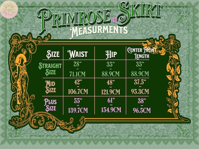 K&ouml;nnte beinhalten: Eine Tabelle mit den Ma&szlig;en f&uuml;r einen Primrose Rock in Zoll und Zentimetern. Die Tabelle enth&auml;lt die Gr&ouml;&szlig;en, Taillen-, H&uuml;ft- und Mittelfrontl&auml;ngenma&szlig;e f&uuml;r die Gr&ouml;&szlig;en Straight, Mid und Plus.