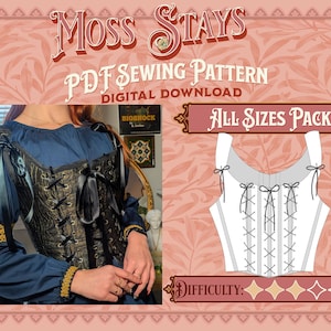 May include: A digital sewing pattern for a corset, called "Moss Stays", with a close-up of a woman wearing a similar corset. The pattern is available in all sizes and is rated as easy to sew.