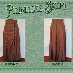 May include: A brown maxi skirt with a lace-up front and a plain back. The skirt has a high waist and a black trim.
